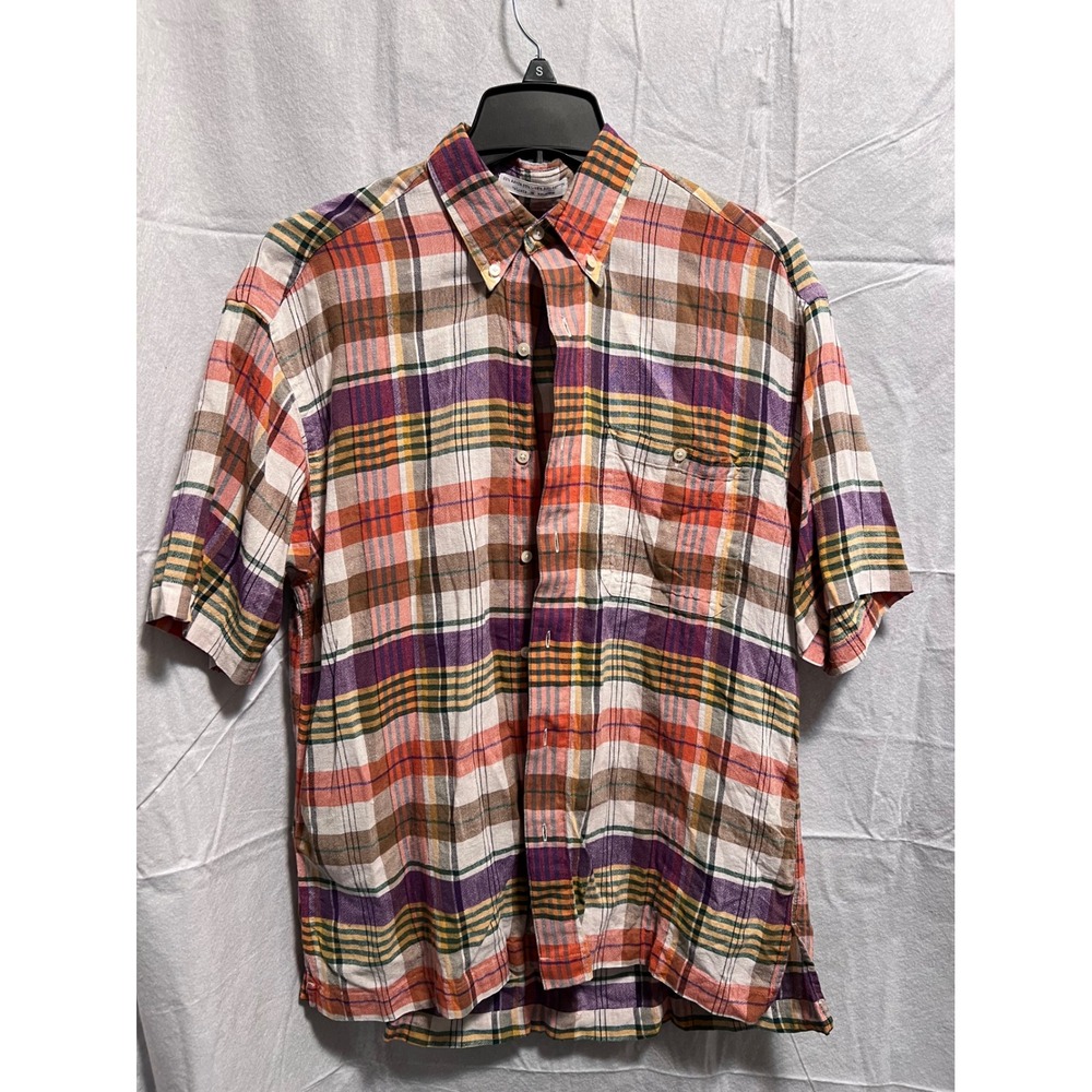 VTG Damon Plaid Button Up Linen Blend SS Casual Shirt Multicolor  Size M